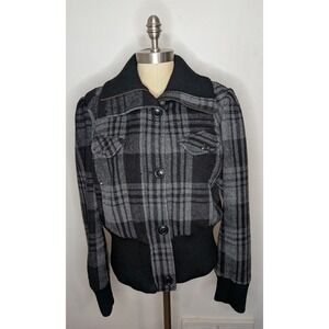 VTG Y2K GUESS Plaid Cropped Wool Blend Bomber Jacket Ribbed Hem Collar Cuffs XL
